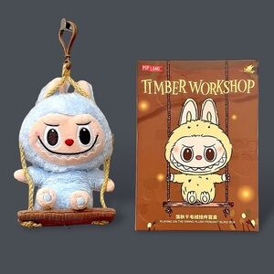 Pop Land Labubu Timber Workshop Series Playing on the Swing Plush Pendant Blue